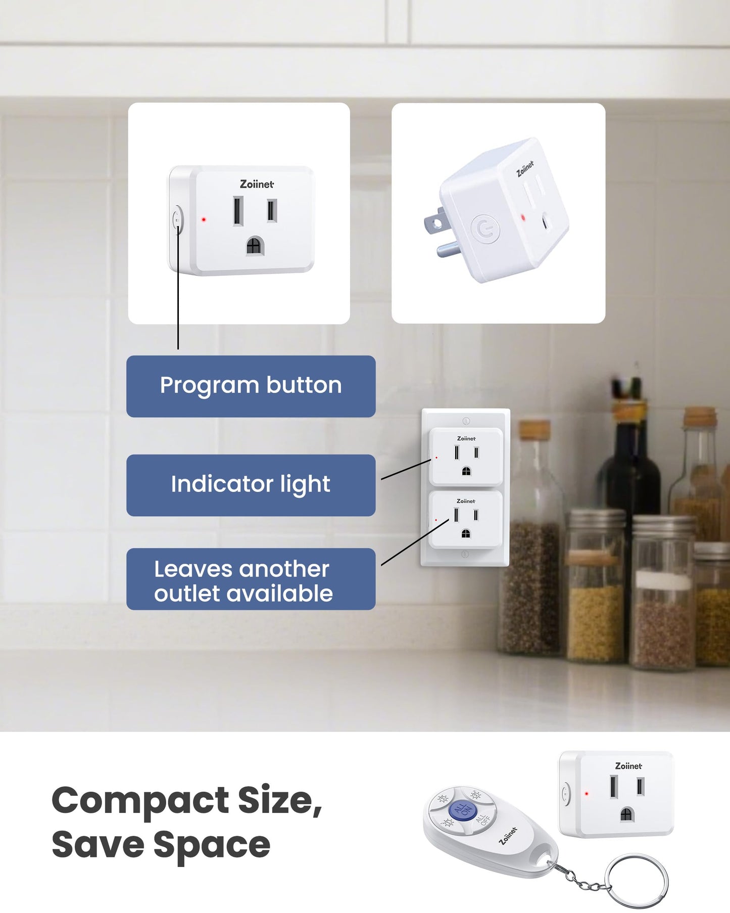 Zoiinet Mini 3-Gang Remote Control Outlet Plug Switches, Mini Key Design, Expandable Wireless Light Switches, No Wiring No WiFi, 300 ft, 15A/1500W, for Household Appliances