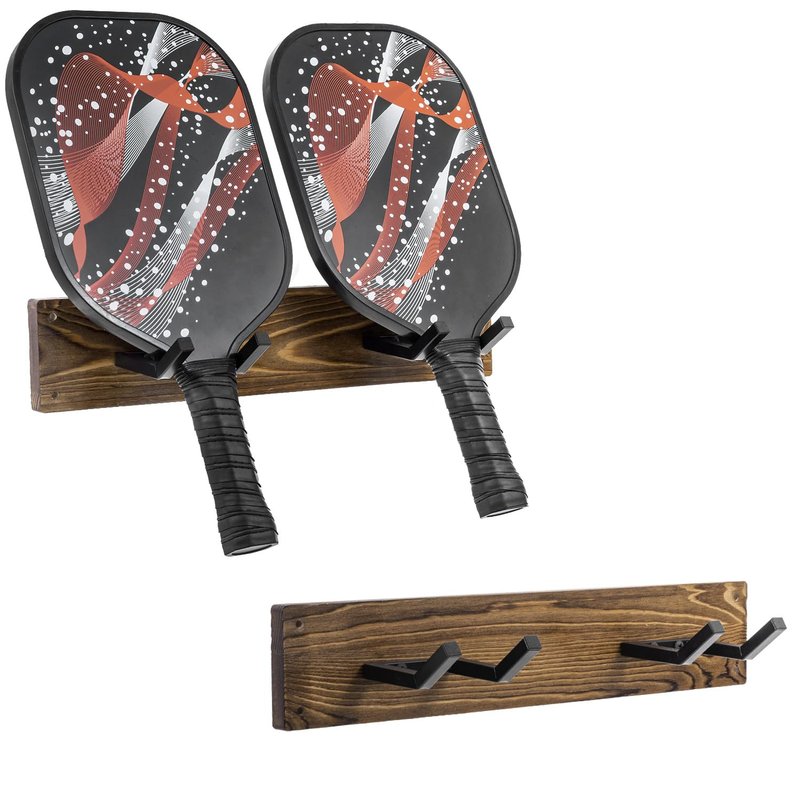 MyGift Pickleball Paddle Holder Rack, Deluxe Urban Industrial Style Solid Wood and Matte Black Metal Wall Mounted Pickleball Racks, Set of 2