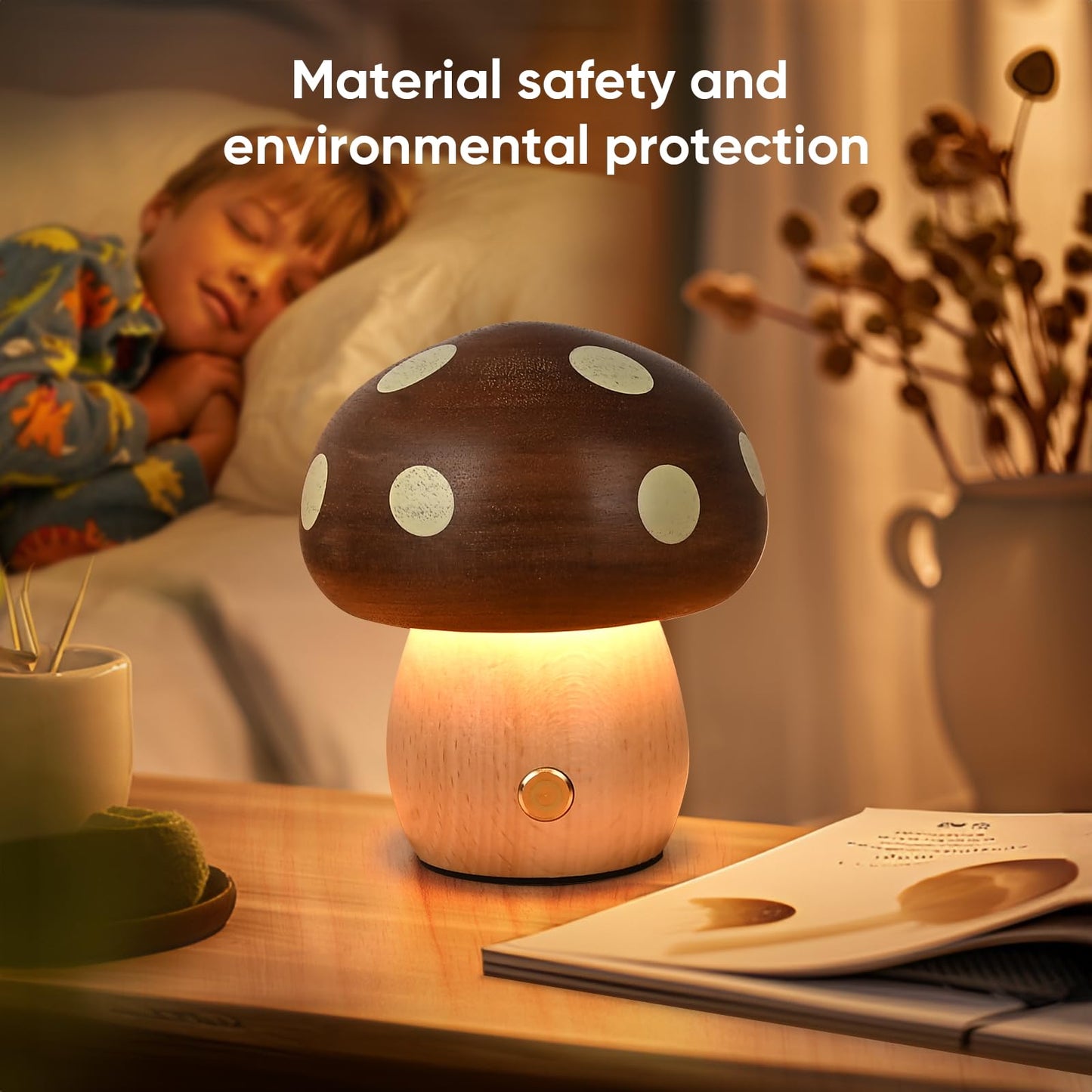 Moroommt Wood Mushroom Lamp, Rechargeable Small Bedside Lamp, Touch Mushroom Night Light Small lamp for nightstand, Portable Battery Operated Lights for Bedroom Kids Birthday Gifts