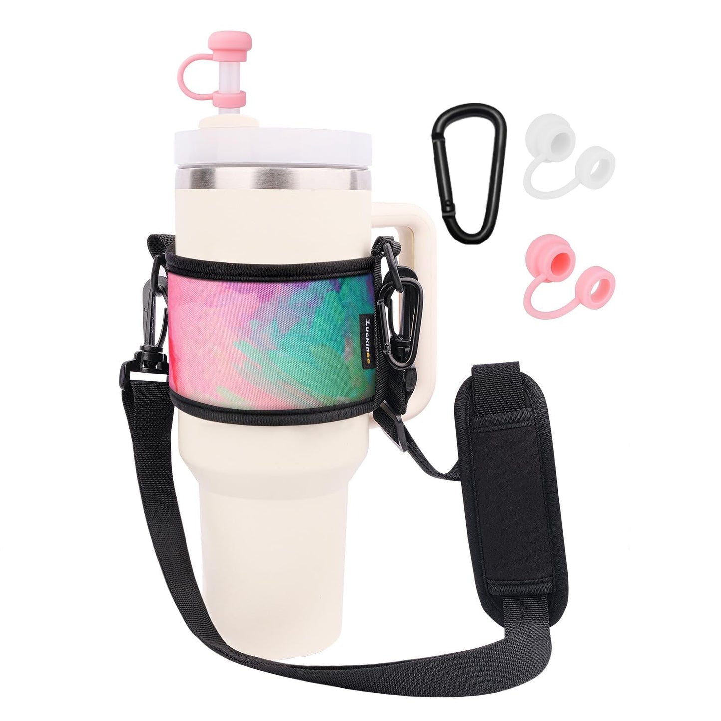 LUCKINEE Water Bottle Carrier Holder with Shoulder Strap Water Bottle Handle Strap Sling for Stanley 30&40oz Tumblers with 2pc Straw Covers Toppers for Stanley Cup Accessories (Colorful Print)