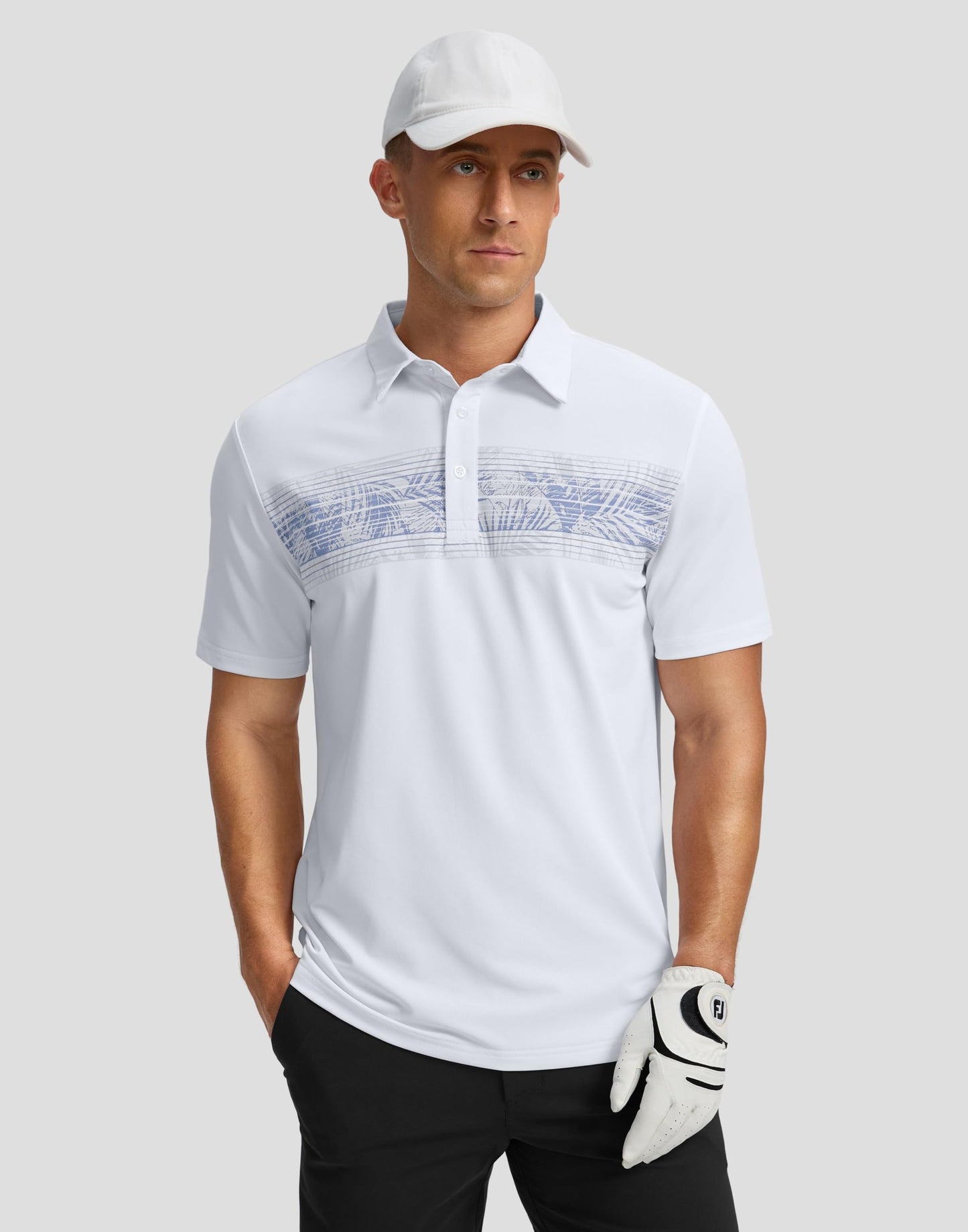 Men's Golf Shirts Dry Fit Moisture Wicking Performance Short Sleeve Collared Polo Shirts for Casual Tennis Bussiness (White Leaves, XL)