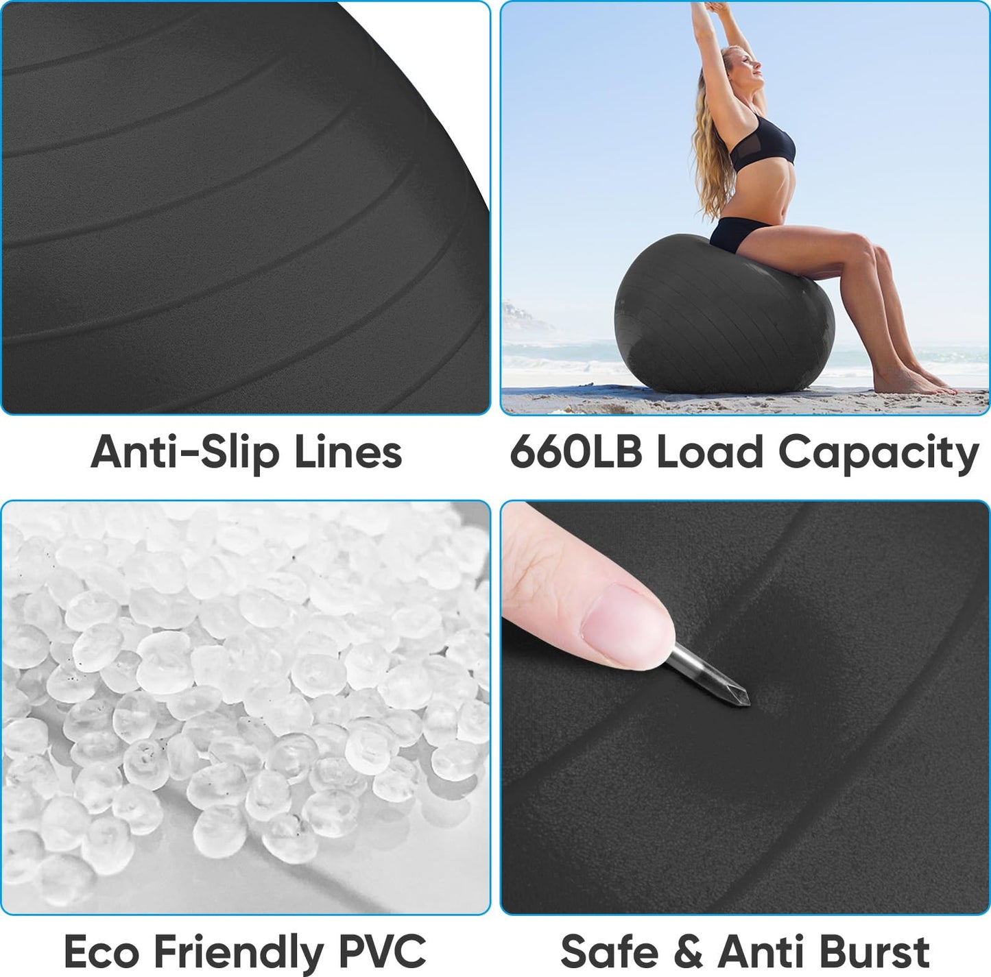APEXUP Yoga Ball, 660 lbs Anti-Burst Exercise Ball with Pump, 5 Sizes (L (23"~26") 65cm, Black)