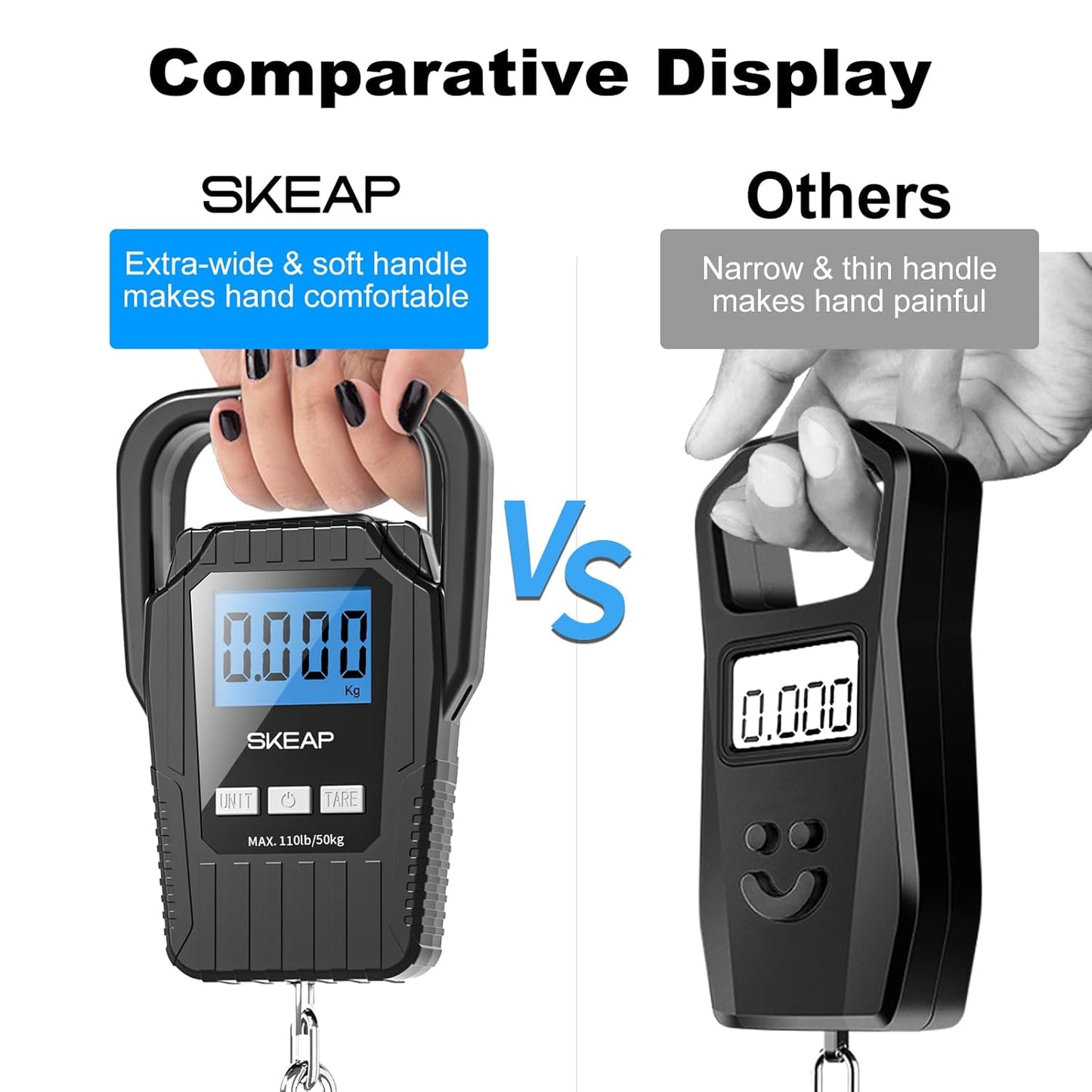 SKEAP Digital Fish Scale - 110lb/50kg Capacity with Backlit LCD Display & Large Handle | Black
