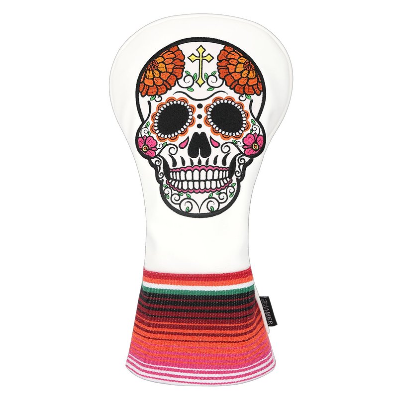 SHABIER White Golf Hybrid Headcover with Orange Flower Embroidery Sugar Skull Design for Golf Club