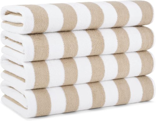 Arkwright Cabana Stripe Beach Towels - Pack of 4 Oversized 100% Cotton Quick-Dry 30 x 70 in, Beige