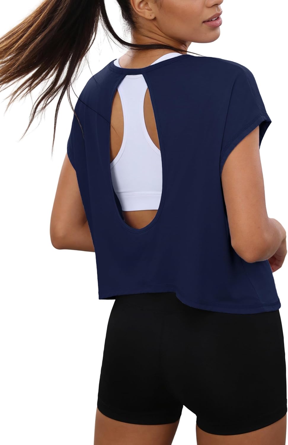 Totatuit Women's Open Back Workout Tops - Oversized Crop Gym Shirt for Running & Yoga