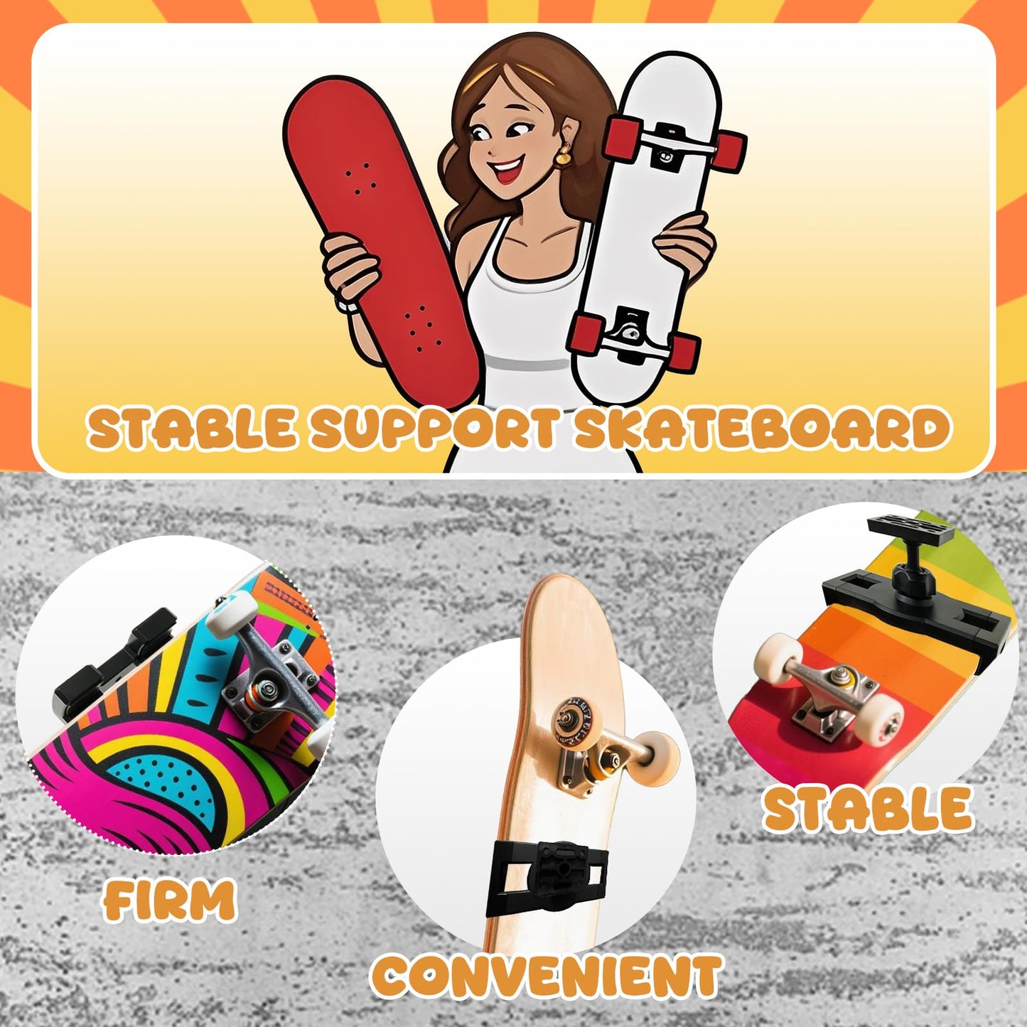 KOUISYY Skateboard Decks Wall Mount, 360° Rotating Skate Deck Wall Mount, Extending & Floating Skateboard Display Holder, Strong Load Bearing Storage Rack Hanger Accessories for Most Skateboarders