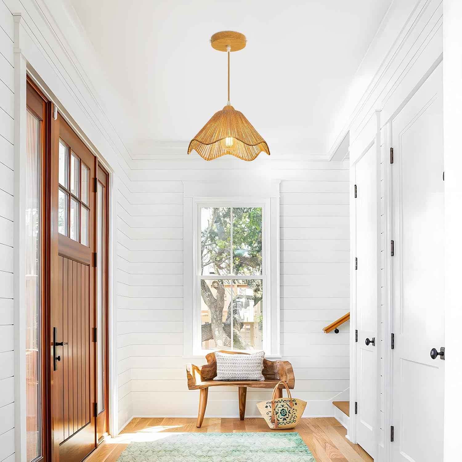 Rattan Chandelier Pendant Lights - 3 Pack Adjustable Height Boho Farmhouse Ceiling Fixtures for Kitchen & Dining Room