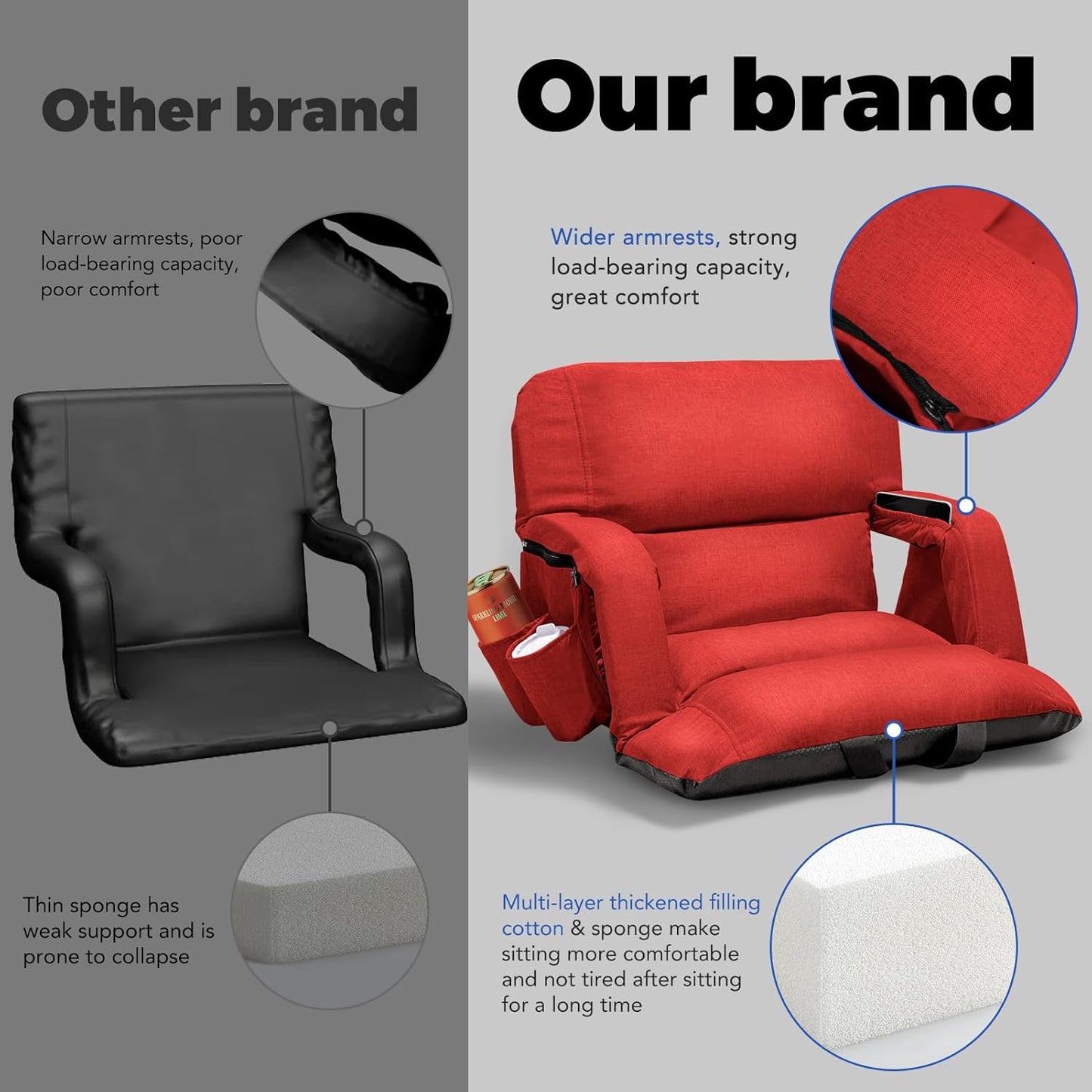 Skiennix Wide Stadium Seats - Extra Thick Bleacher Chairs With Back Support & Cushion | 6 Reclining Positions, Red (22.5")