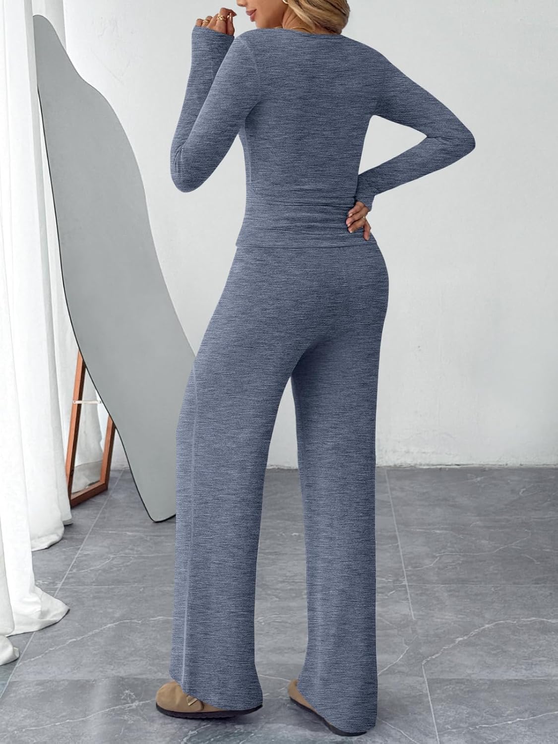 Trendy Queen 2-Piece Women's Lounge Set - Cozy Henley Neck Sweater & Wide Leg Pants