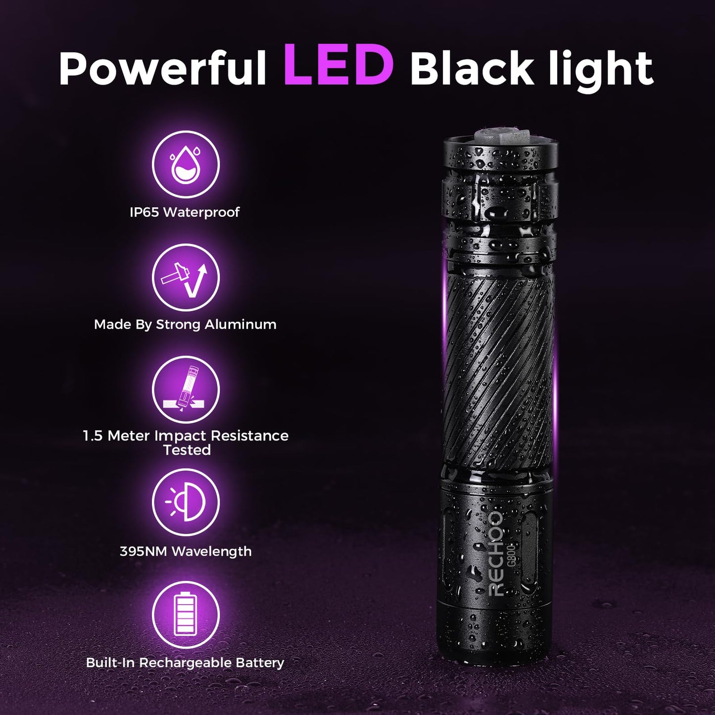 RECHOO Black Light UV Flashlight, 395nm Blacklight Rechargeable Flashlights UV Light, Portable Mini Black Light for Pet Urine Detection, Bed Bug, Dry Stains, Resin Curing, Scorpions Finder