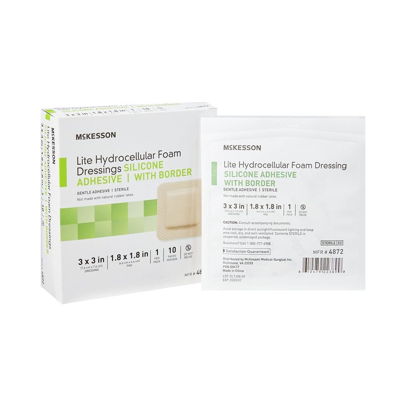 McKesson Lite Hydrocellular Foam Dressings, Sterile, Silicone Adhesive with Border, 3 in x 3 in, 10 Count, 1 Pack