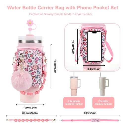 3tyto Stanley Cup Accessories Set Including Water Bottle Carrier Bag,Water Bottle Holder With Strap,Straw Cover,Stanley Charms,Silicone Boot for Stanley 40oz 30oz Tumbler (Pink Floral)