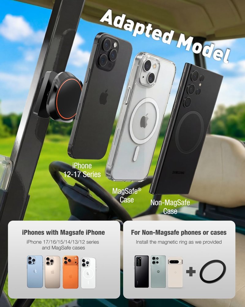 NEVERLAND Magnetic Golf Cart Phone Holder - 360° Rotation Golf Cart Phone Mount Compatible with MagSafe iPhone and Android, Golf Cart Accessories Gifts for Men Women Golfers