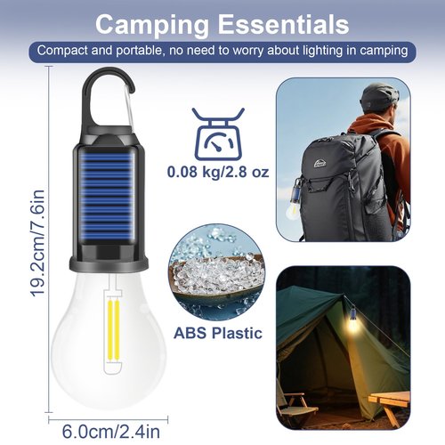 FIELDSPARK Solar Light Bulb for Outdoor, Portable Waterproof Tent Lights with Clip Hook, Rechargeable Outdoor Solar Light for Camping, Backpacking, Emergency, 2 Pack