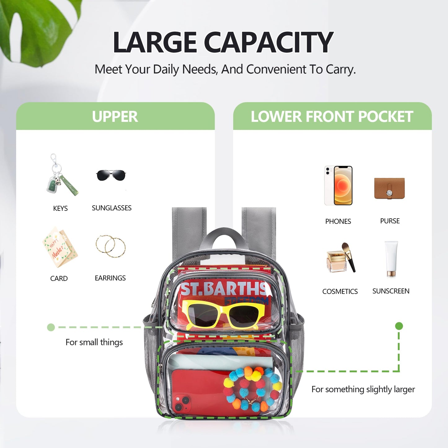 MAY TREE Clear Backpack Stadium Approved, 12x10x6 Inches Small Clear Bag with Padded Straps for Stadium Events, Concert, and Work, Grey