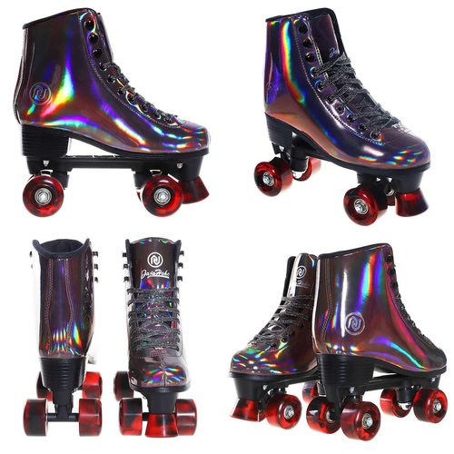 JajaHoho Roller Skates for Women and Men, Holographic High Top Classic Rollerskates, Shiny Double-Row Four Wheels Quad Skates for Girls, Age 8-50 Indoor & Outdoor (Size 10, Golden Black)