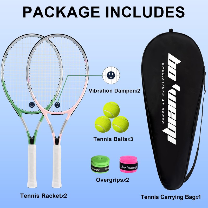 bo'weiqi 27" Tennis Racket Set for Adults 2 Players Lightweight Pre-Strung Tennis Racquets for Beginners, Including 3 Balls, 2 Overgrips, 2 Vibration Dampers and 1 Bag Easy Carry(Green and Pink)