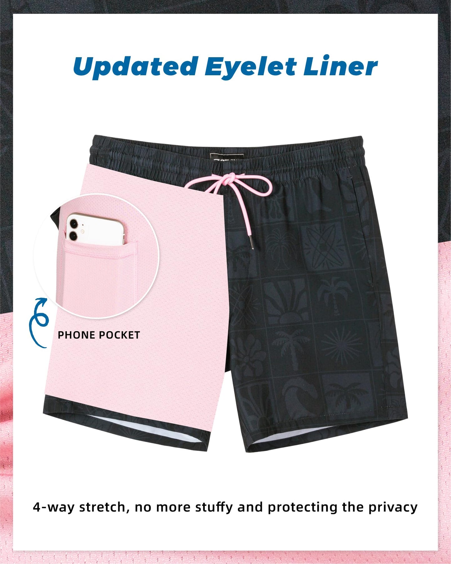 SURF CUZ Mens Swim Trunks with Compression Liner Quick Dry Swim Shorts 7" Swimming Trunks Stretch Bathing Suit 7 Inch,Black Pink,XXL
