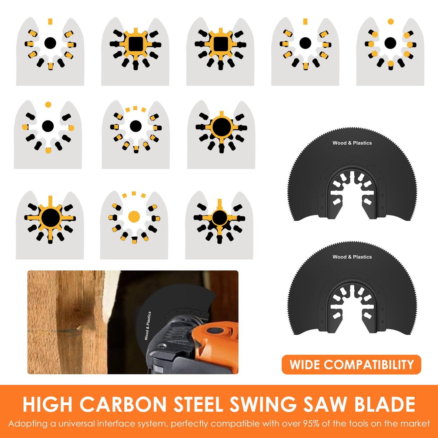 6Pcs Oscillating Saw Blades Set, 3-1/2inch Flush Cut Saw Blades, High Carbon Steel Semi Circle Oscillating Saw Blade, Quick Release Multitool Blades with Gasket Adapter for Wood Plastic Metal Cutting