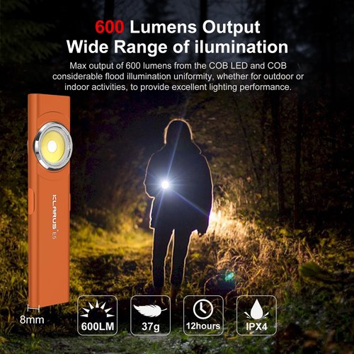 klarus E5 Pocket Flashlight, Rechargeable EDC Flashlight, Super Slim 4.2x1x0.3inch, 600 Lumens, USB-C Port, IPX4, Dual Light Source with Magnetic Base, Hat & Clothes Clip - Orange