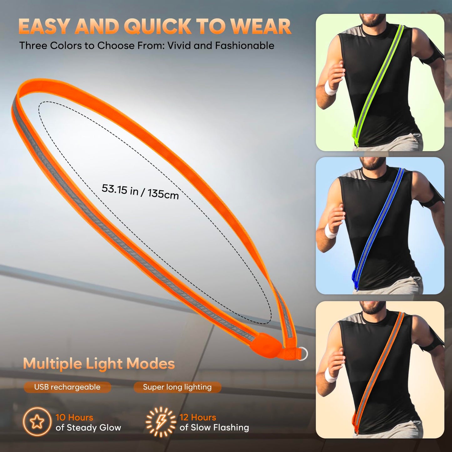 LED Reflective Night Running Gear High Visibility LED Flashing Sash Outdoor Running Cycling Hiking Jogging Rechargeable Illuminating Reflective Gear for Men and Women Night Safety Walking Gear(Orange)
