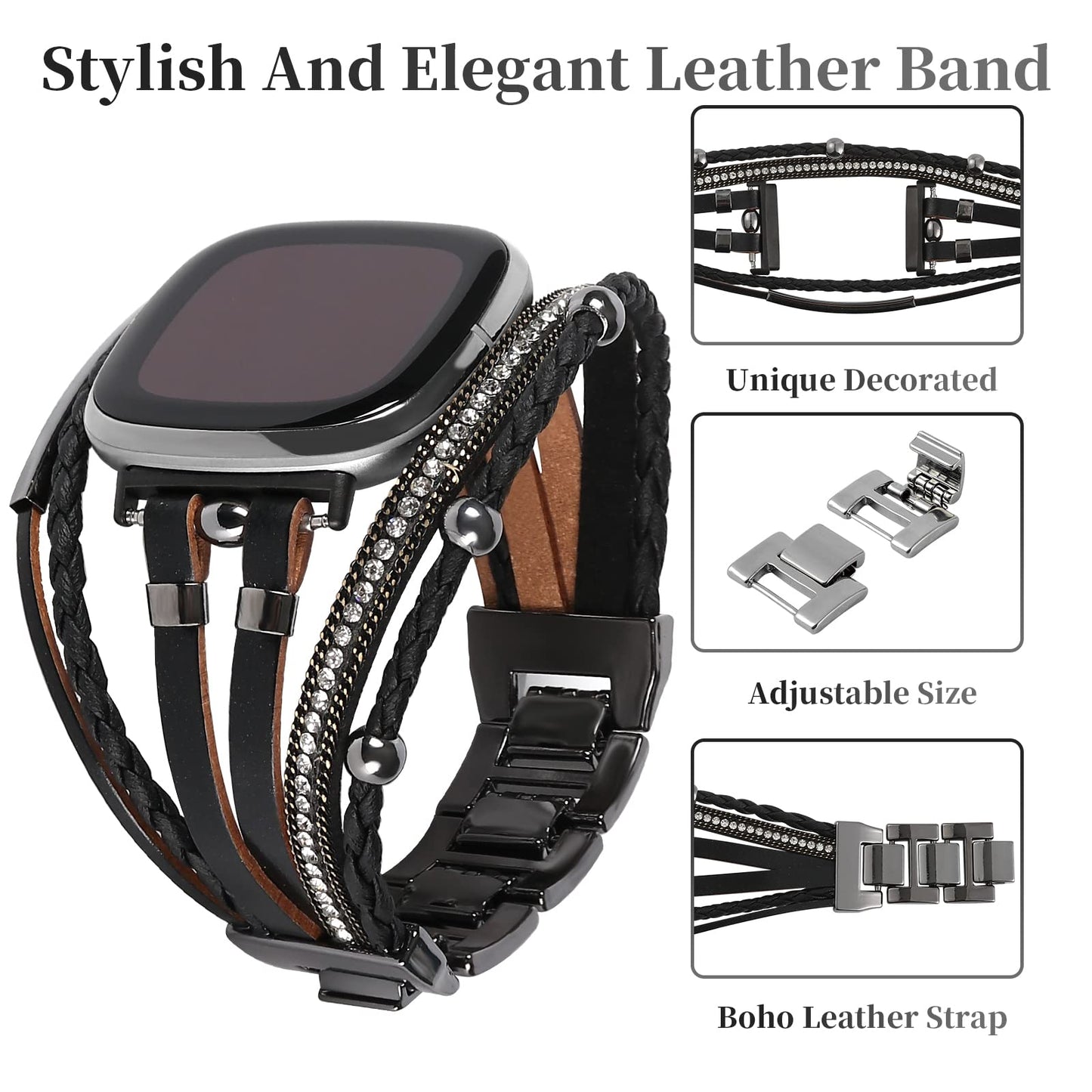 Posh Leather Bands Compatible with Fitbit Versa 3/Fitbit Sense, Women Boho Stylish Multilayer Wrap Bracelets Wristband, Handmade Adjustable Jewelry Strap for Sense/Versa 3 Smart Watch (Black)