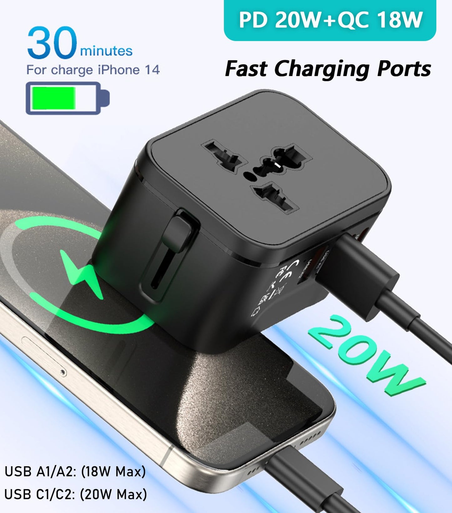 Universal Travel Adapter Worldwide, European Travel Plug Adapter with 2 USB C, 2 USB A and Multi AC Outlets, International Power Adaptor for EU US UK AUS 200+ Countries, Travel Essentials
