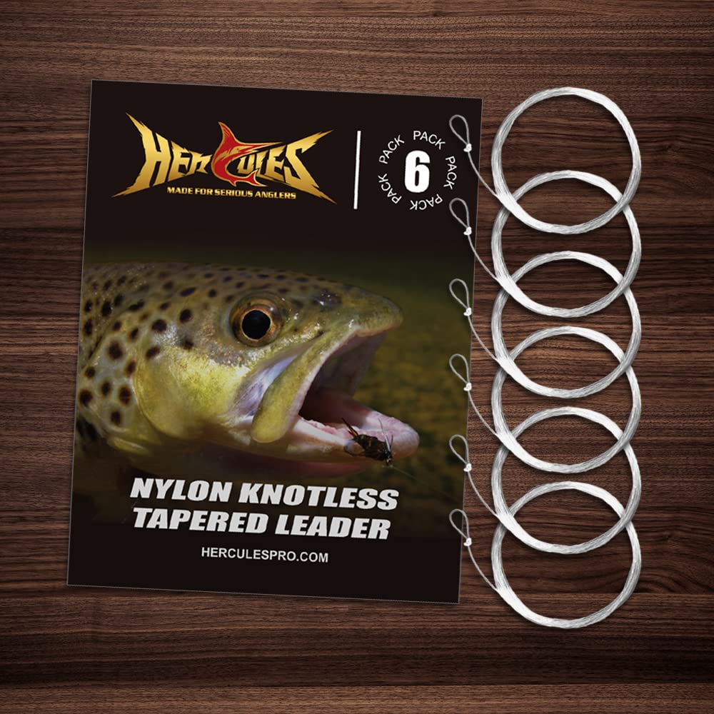 HERCULES Pre-Tied Loop Fly Fishing Leader 6 Pack with Tapered Leader Wallet, 9FT - 3X 4X 5X