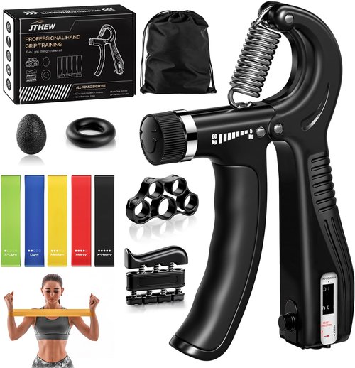 Grip Strength Trainer Kit - Adjustable Hand Gripper & Forearm Strengthener | 10-Pack with Finger Stretcher, Stress Ball & Bands for Muscle Recovery
