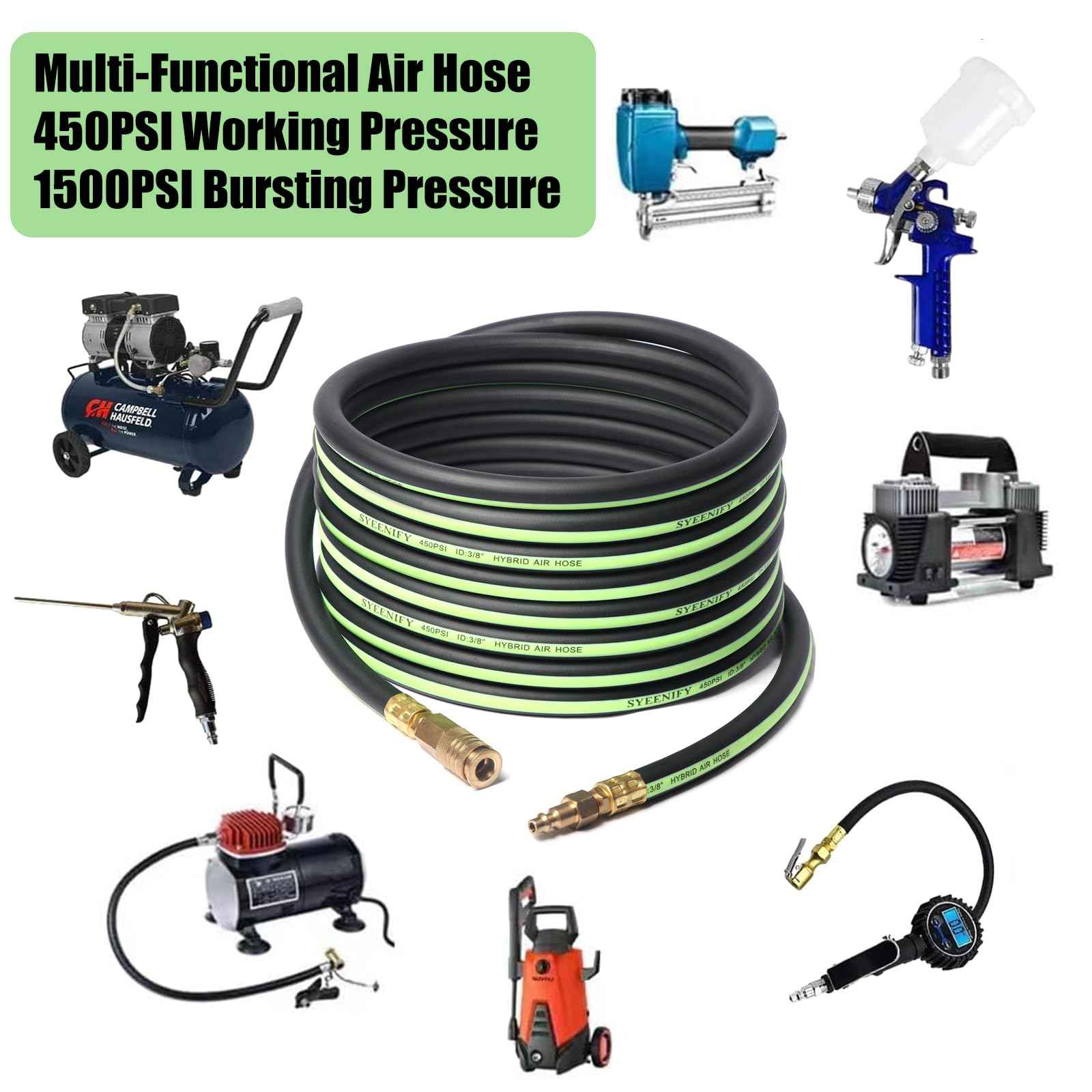 SYEENIFY Air Hose 3/8 in x 10 ft, Thickened 5 Layers Heavy Duty, Kink Resistant, 450PSI Hybrid Air Compressor Hose All-Weather Flexibility with 1/4" Industrial High Flow Quick Brass Coupler and Plug