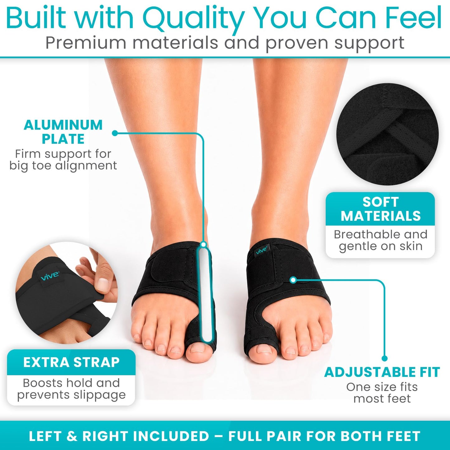 Vive Bunion Brace (Pair) - Big Toe Corrector Straightener with Splint - Hallux Valgus Pad, Joint Pain Relief, Alignment Treatment - Orthopedic Sleeve Foot Wrap Support for Men and Women (Black)