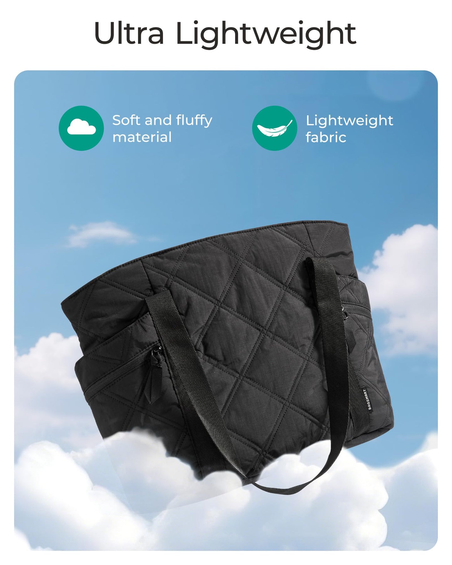 BAGSMART Crush Tote Bag for Women, 20L Puffer Work Tote with Zipper, Travel Essentials Quilted Nurse Hospital Bag, Charcoal