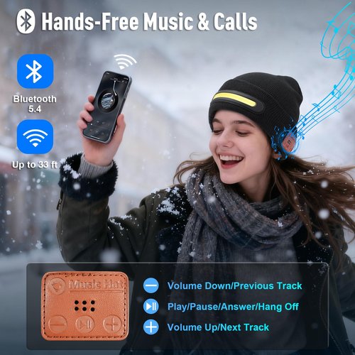 Hinshark Gifts for Men, Bluetooth Beanie with Lights, Gifts for Men Dad Husband Him, Unisex Rechargeable Bluetooth Hat, Birthday Gifts for Him Women, Grandpa Gifts Black