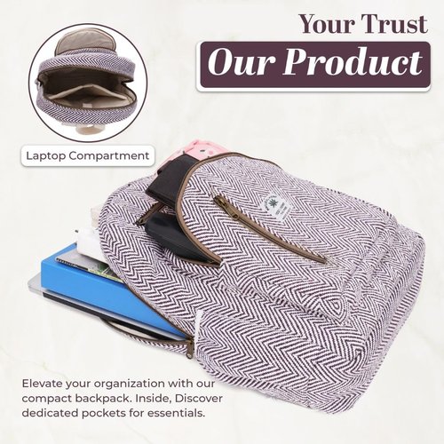 CRYSTALBYPC Hemp Cotton Backpack | Handmade Himalayan Daypack | 15L Medium | Beige | Lightweight Water-Repellent with 3 Compartments for Daily Casual Use
