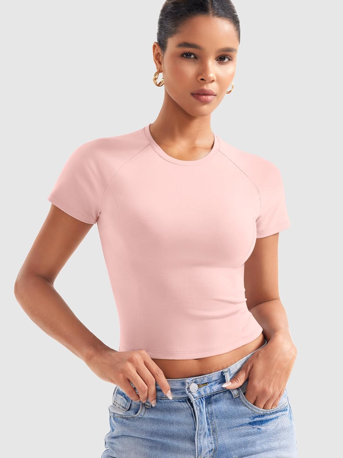 YEOREO Women's Crop Top - Slim Fit Short Sleeve Baby T-Shirt for Casual Outings | Stylish Basic Tee