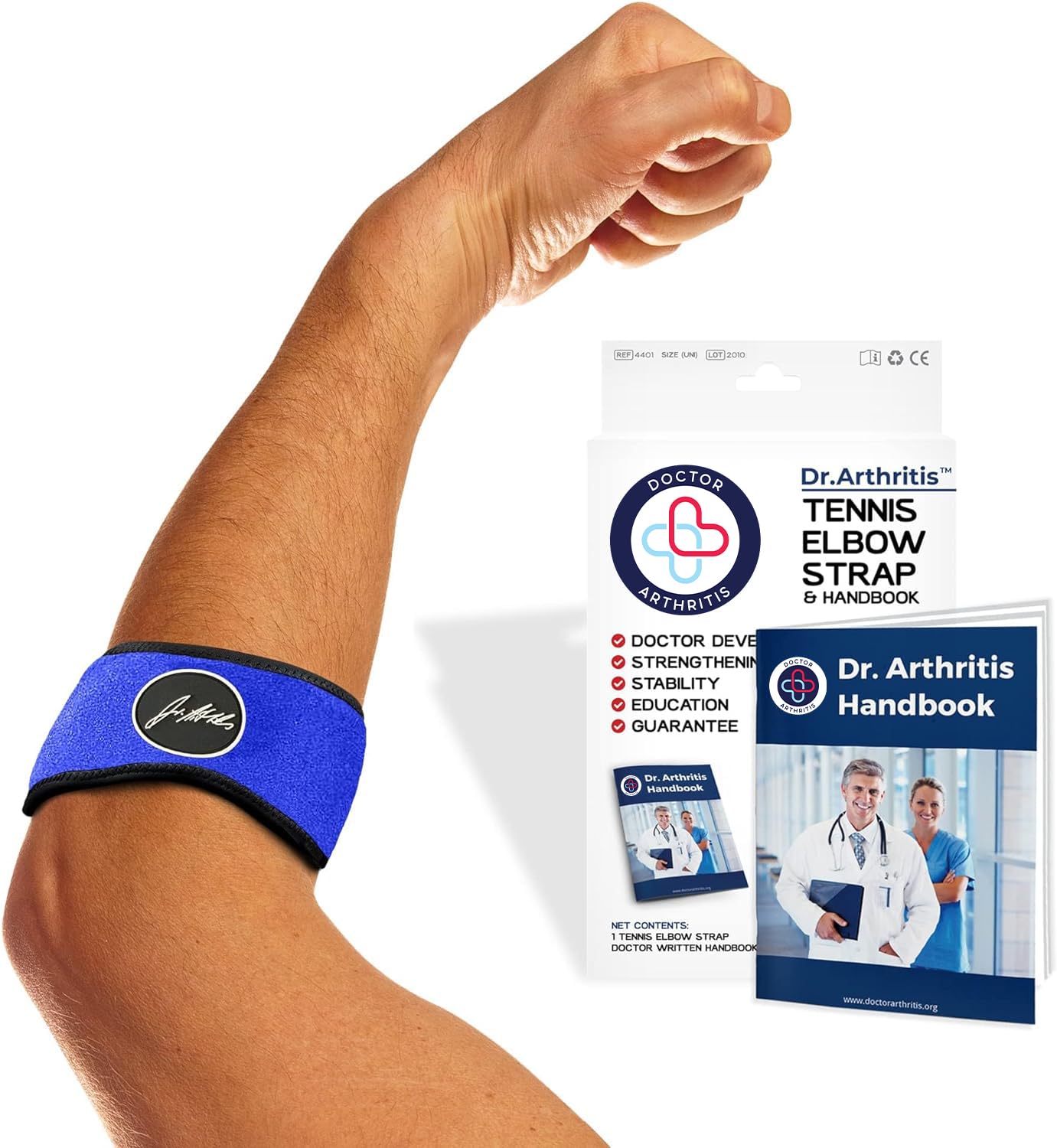 Doctor Developed Tennis Elbow Brace - Durable Tennis Elbow Brace for Tendonitis & Injuries - Comfortable Tennis Elbow Brace for Men & Women - Golfers Elbow Brace with Doctor Handbook (Single, Blue)