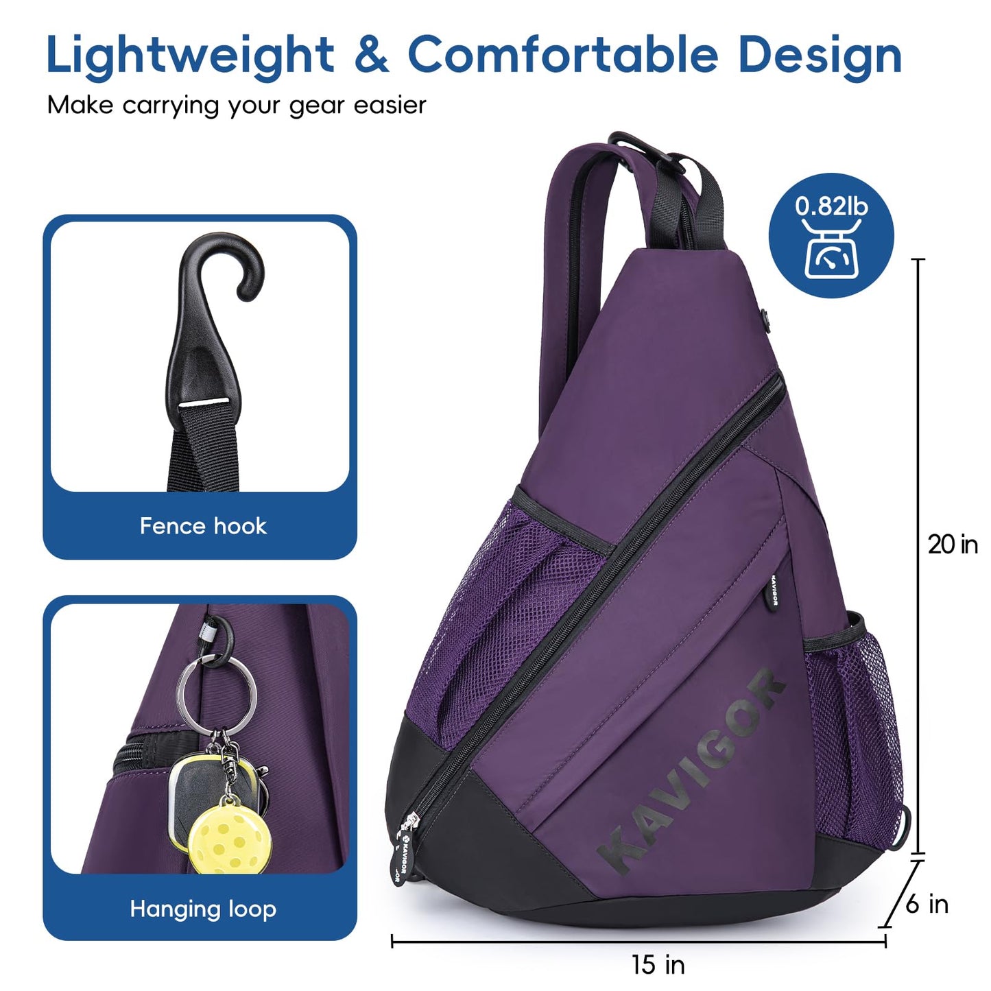 KAVIGOR Pickleball Sling Bag, Convertible Ultra-Light Backpack with Skin-Soft Fabric & Wet/Dry Pocket, Fits 4 Paddles + Gear