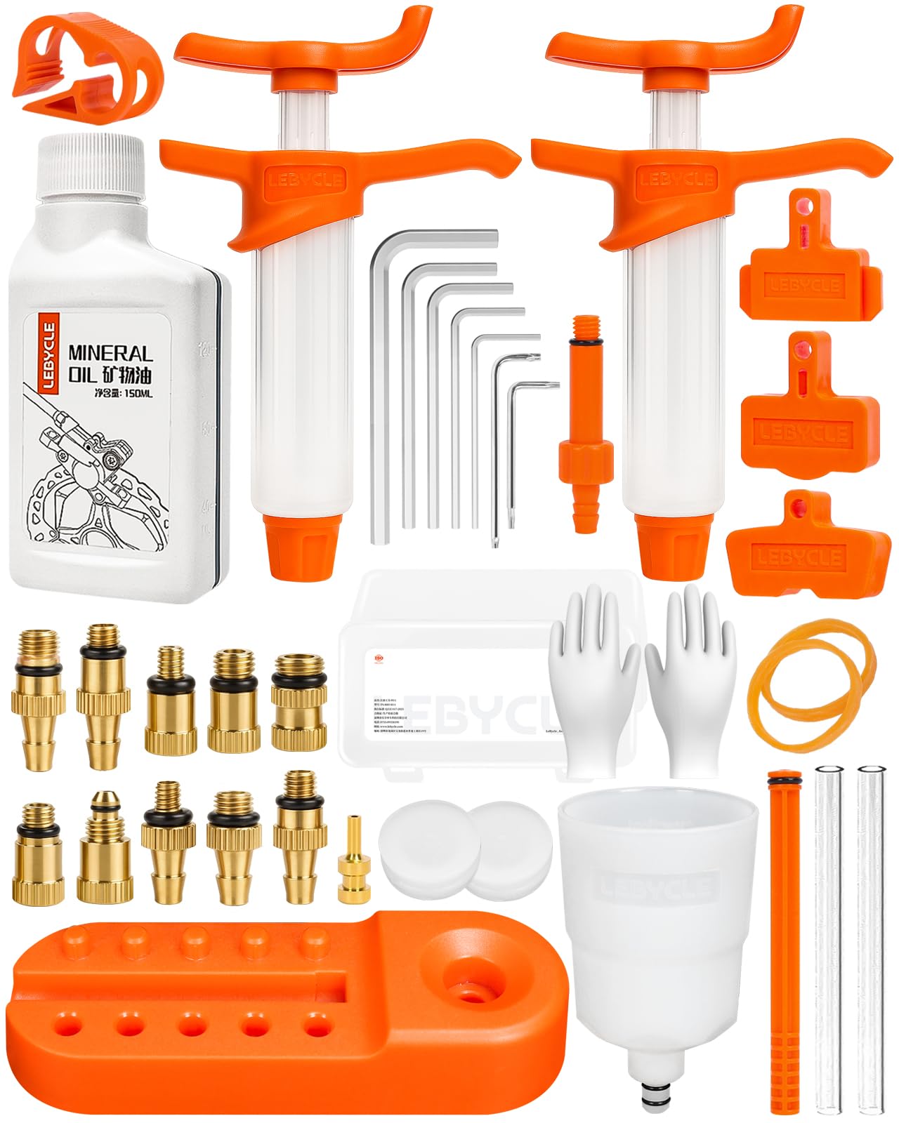 LEBYCLE Brake Bleed Kit for Shimano, TEKTRO, TRP Hydraulic Disc Brakes, Bike Brake Bleed Kit with 150ml Mineral Oil, 10 Brass Connectors, Visual Oil Cup & Storage Base
