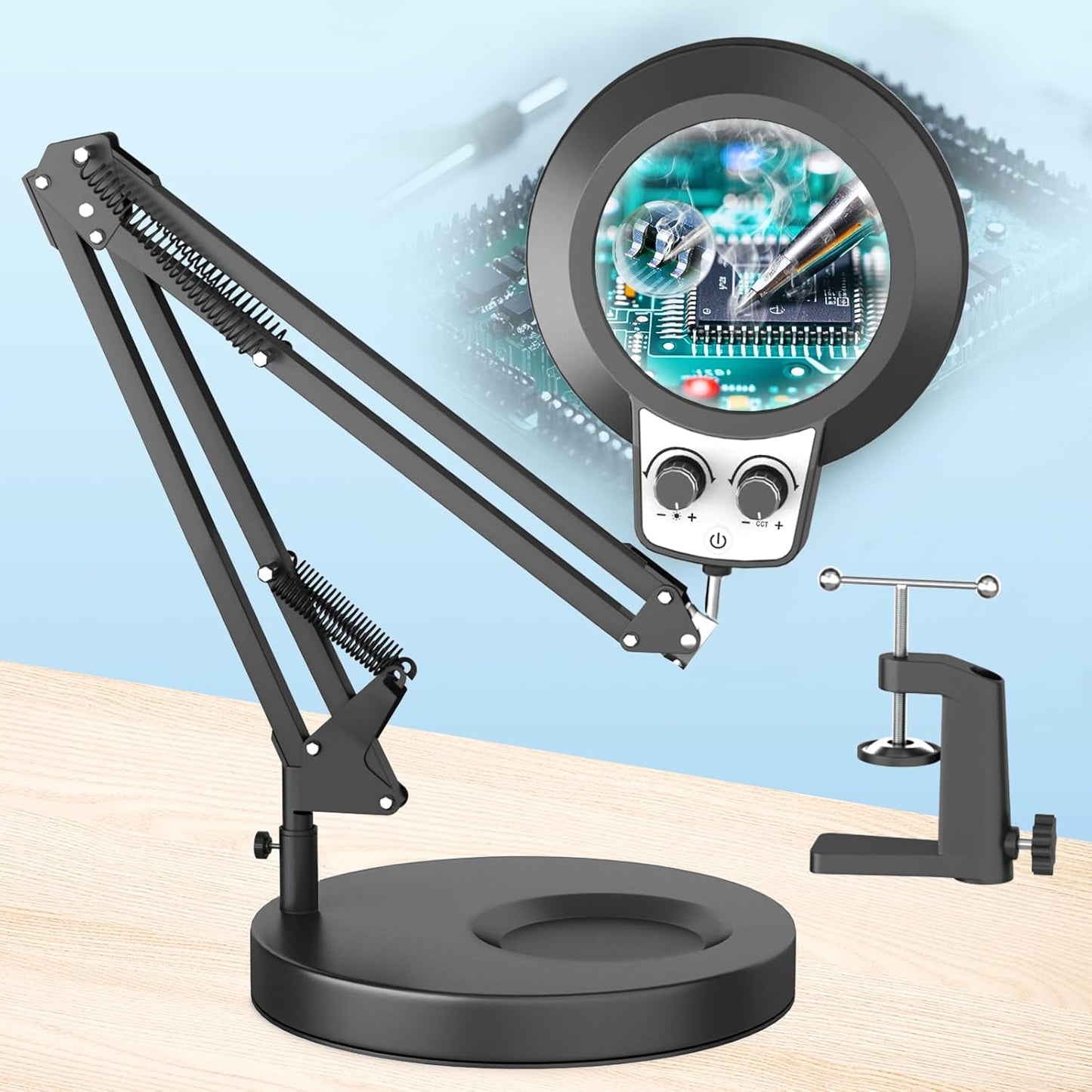 12X LED Magnifying Glass with Light & Clamp - Hands-Free Desk Lamp for Crafting & Reading