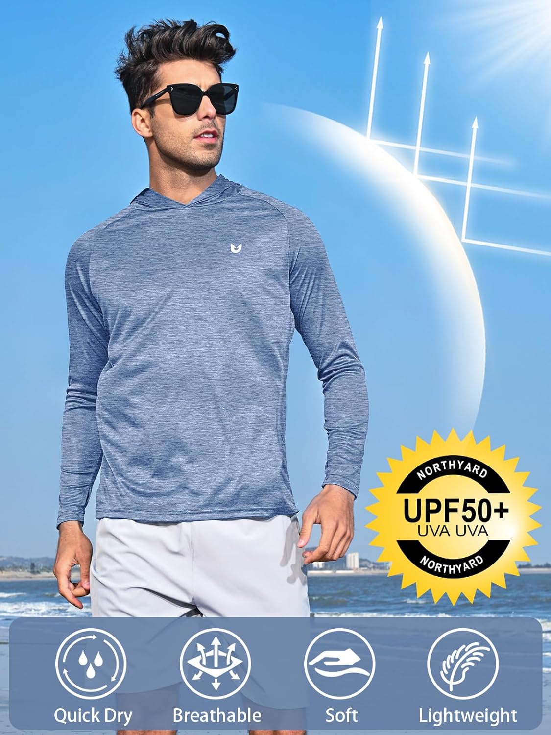 NORTHYARD Men's UPF 50+ Long Sleeve Hoodie - Quick Dry Sun Protection Fishing & Beach Wear