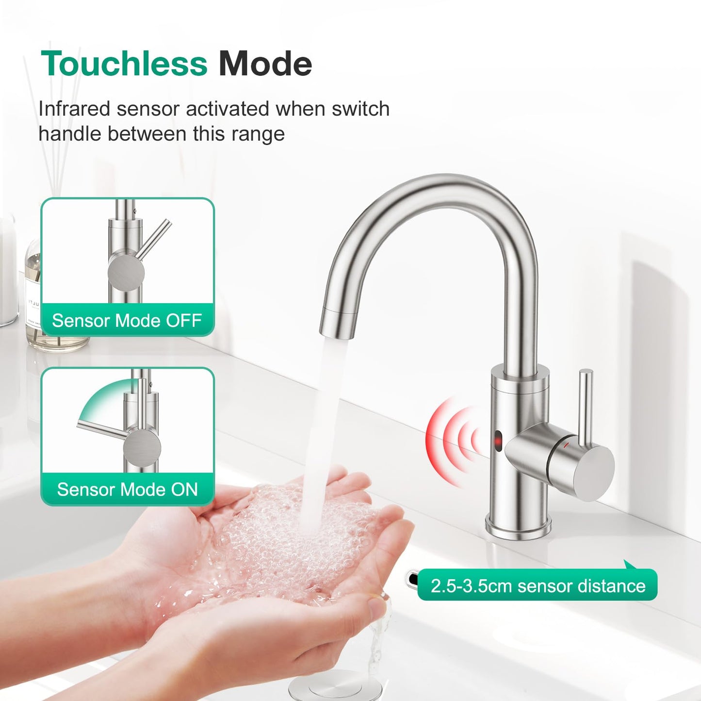 CREA Touchless Bar Sink Faucet,Brushed Bathroom Facuets 1 3 Holes, Single Handle Kitchen Faucets with Deck Plate,360°Swivel Stainless Steel Small Kitchen Faucet for Mini Pre Sink RV Vanity Faucet