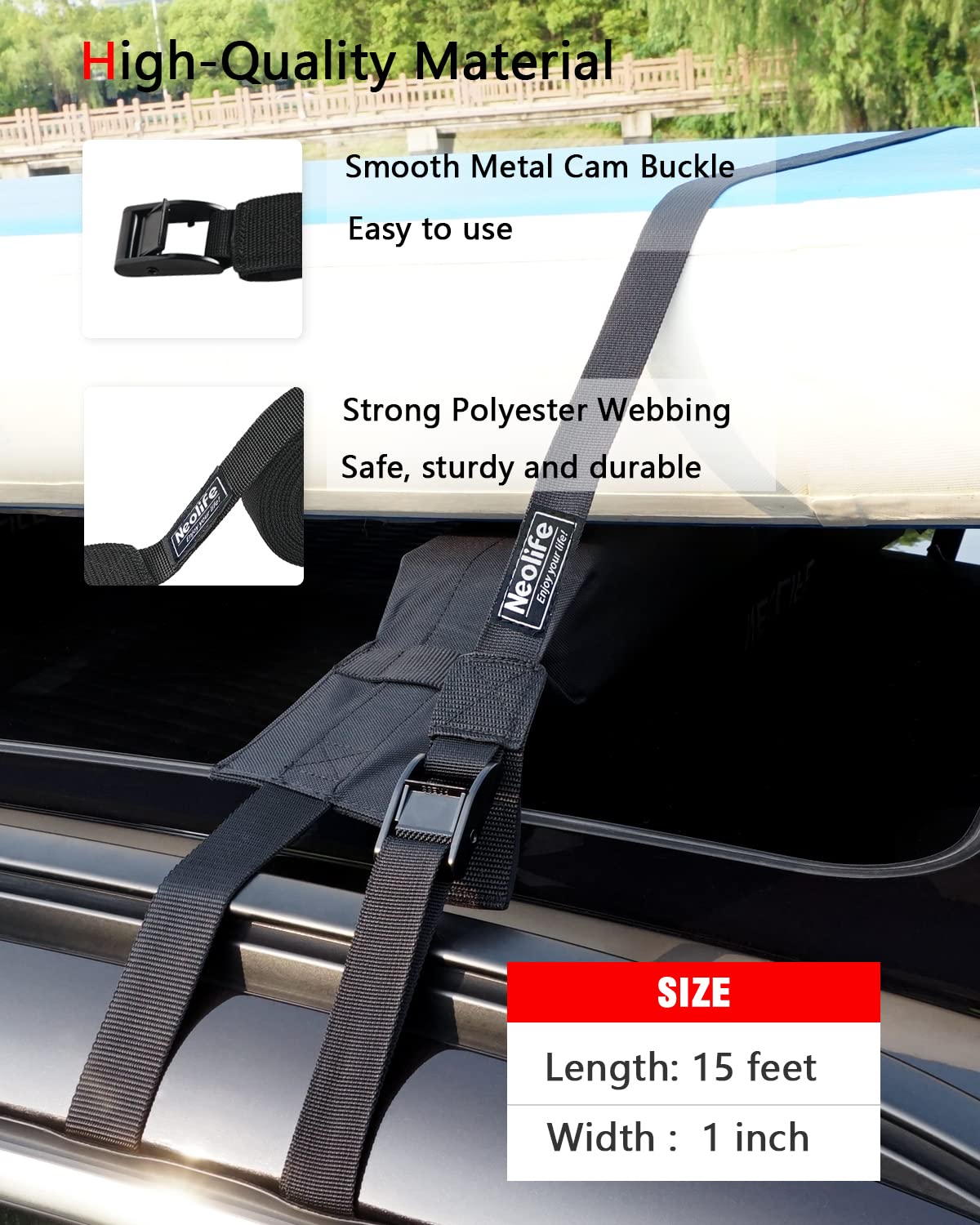 WONITAGO Rack Strap Tie Down Straps for Surfboard SUP Paddleboard Kayak Snowboard and Canoes, 15 Feet (Pair), Black