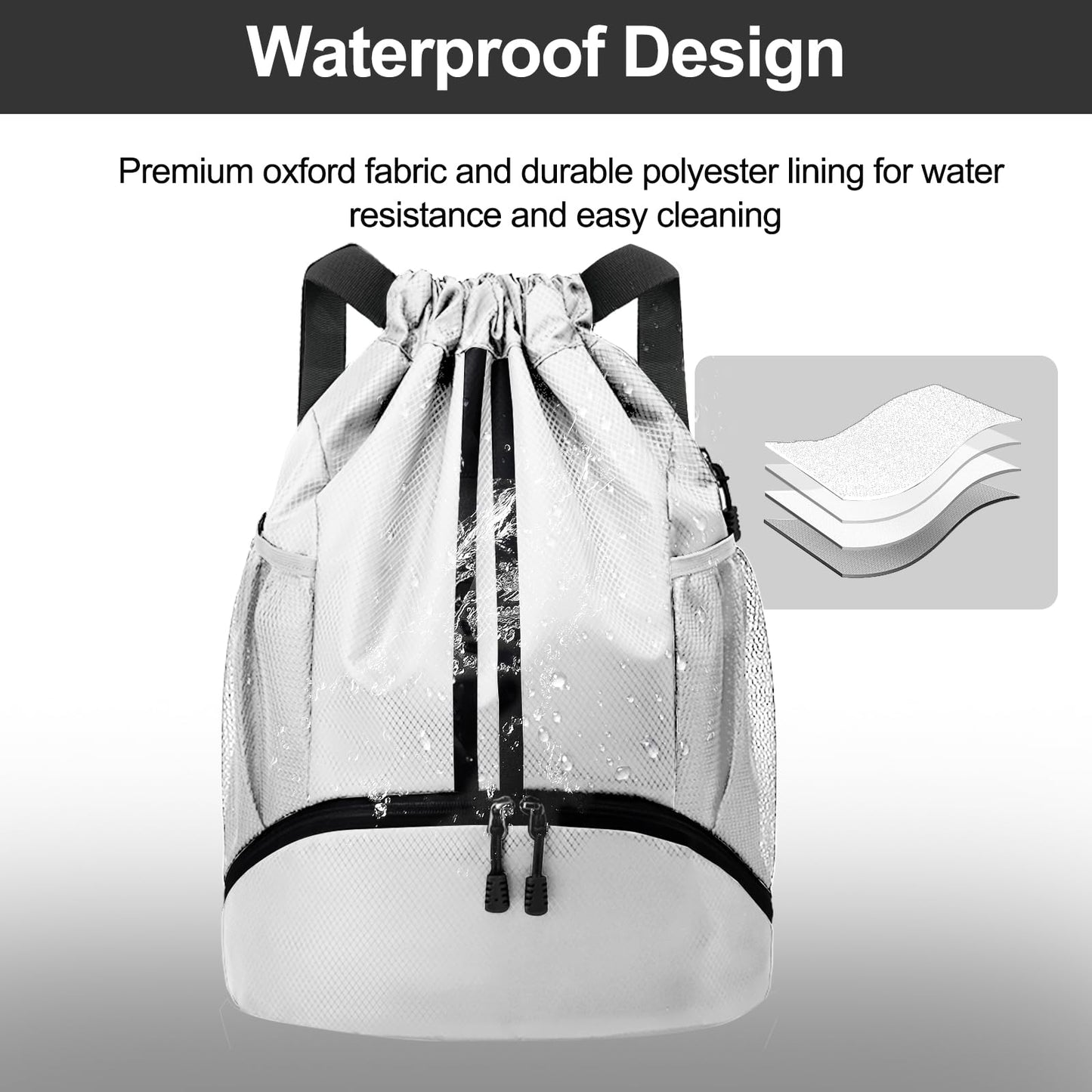 Hoedia Sports Drawstring Backpack - Swim Gym Bag for Women and Men, White