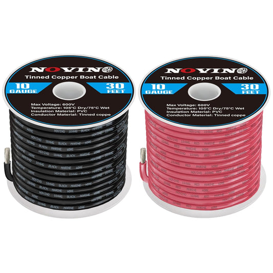 10 Gauge Marine Wire - 10 AWG Tinned Copper Electrical Cable for Boats | 30FT Red & 30FT Black