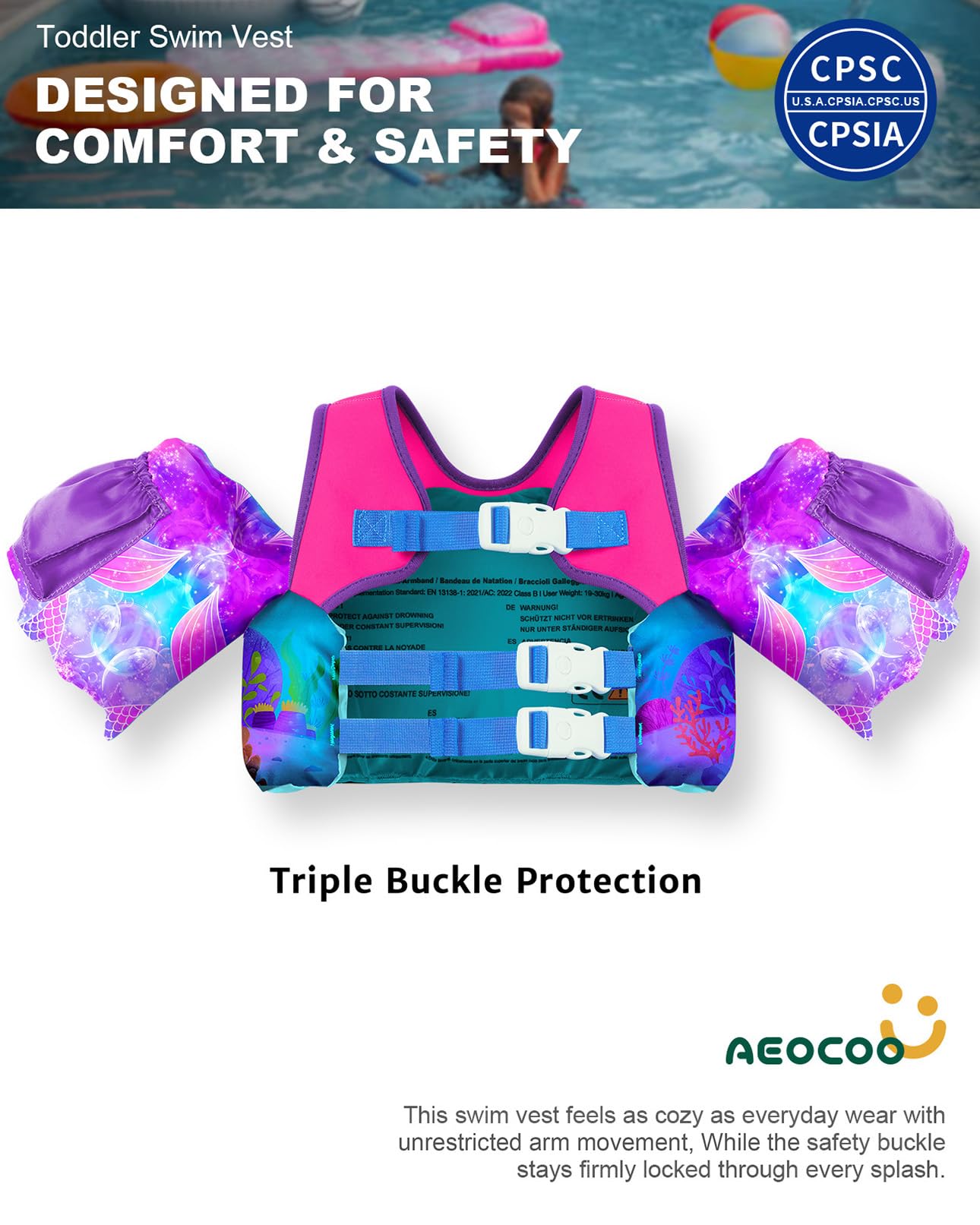 AEOCOO Puddle Float Jumper 30-50-60-70 Pounds, Toddler Swim Vest for 2-3-5-7 Years Old, Pool Floats with Swimming Arm Floaties Swim Jacket for Kids Swimmies, Boys, Girls, Niños, Mermaid