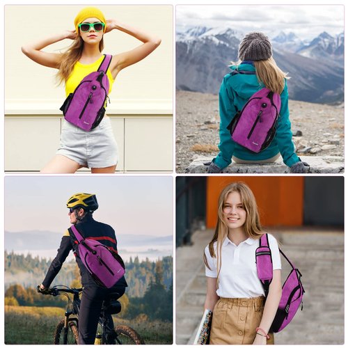 Fancosni Crossbody Sling Bags for Women Men, Lightweight Shoulder Bag, Multipurpose Backpack for Travel, Hiking, Shopping, Walking, Biking, Cycling, Earphone Hole, Purple
