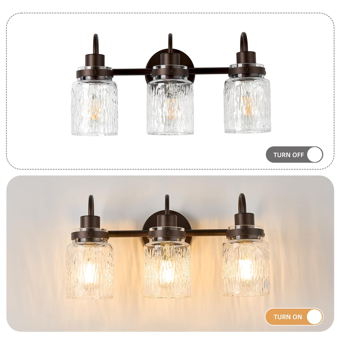 AMRUIPO 3 Lights Bathroom Vanity Light, Oil Rubbed Bronze Bathroom Light Fixtures with Hammered Glass Lampshade for Dressing Table,Over Mirror,Hallway