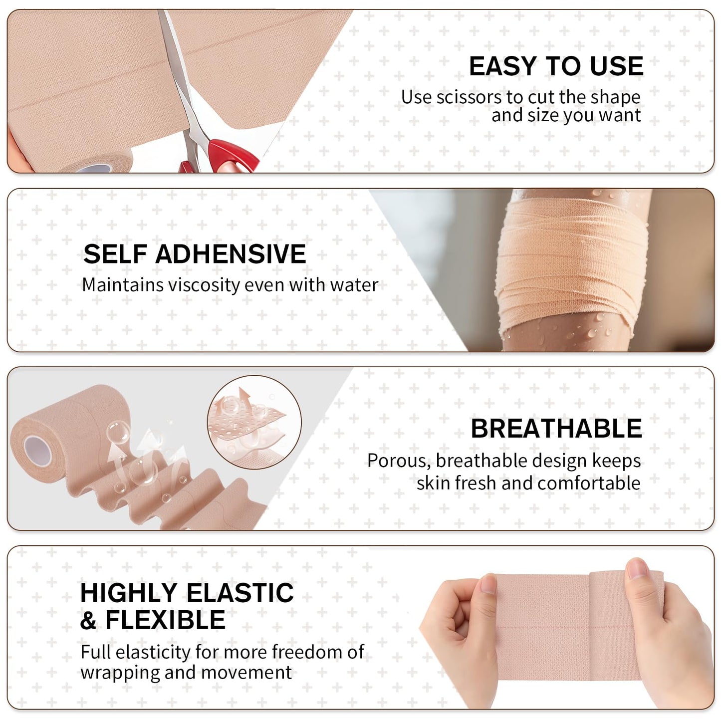 Worive 4 Rolls Elastic Tape, Breathable Self Adhesive Bandage Wrap, Flexible Stretch Bandages for Sports Wrists Sprains Knees Ankles, for Animals and Pets, 5 Yards (4 Inch in Width)