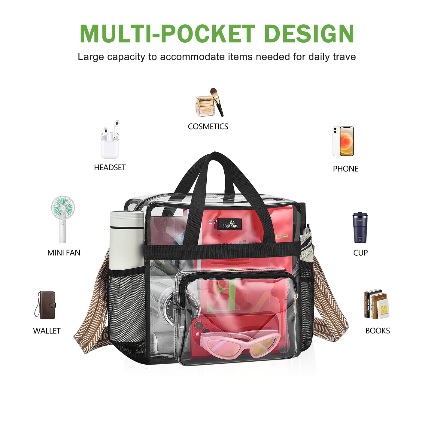 MAY TREE Clear Bag for Stadium Events, 12x6x16 Clear Tote Bag with Removable Strap, Transparent Bag for Concert Sports Gym, White & Beige-Strap